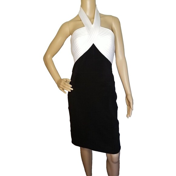 Tadashi Black White Dress Halter Knee Length Size 6 Quilted Bodice           T47 - Picture 1 of 8